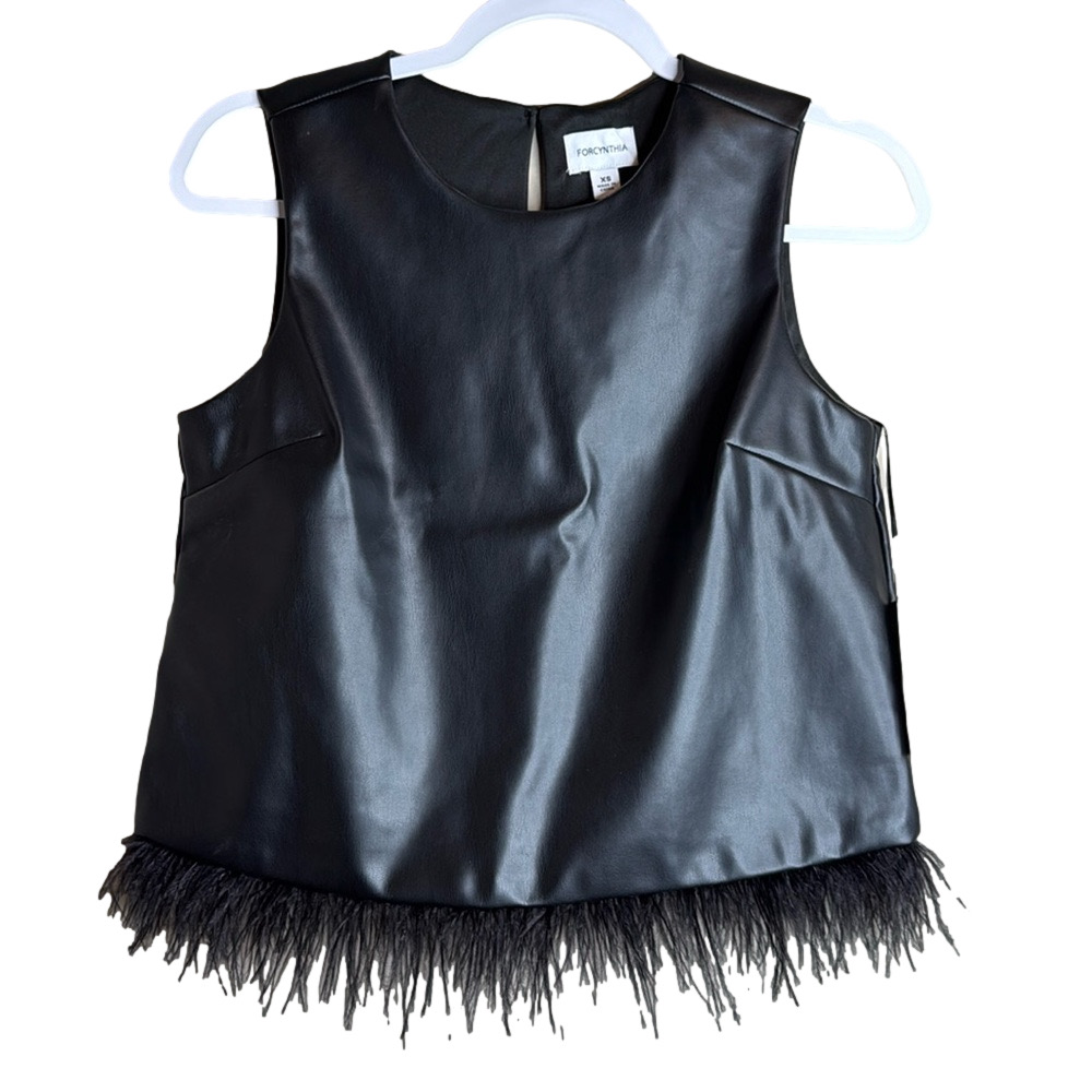For Cynthia XS Faux Leather with feather hem sleeveless top